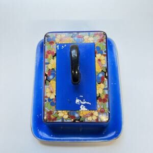 Vintage Art Deco Scotch Ivory Cheese Butter Dish Antique Tableware Blue Floral